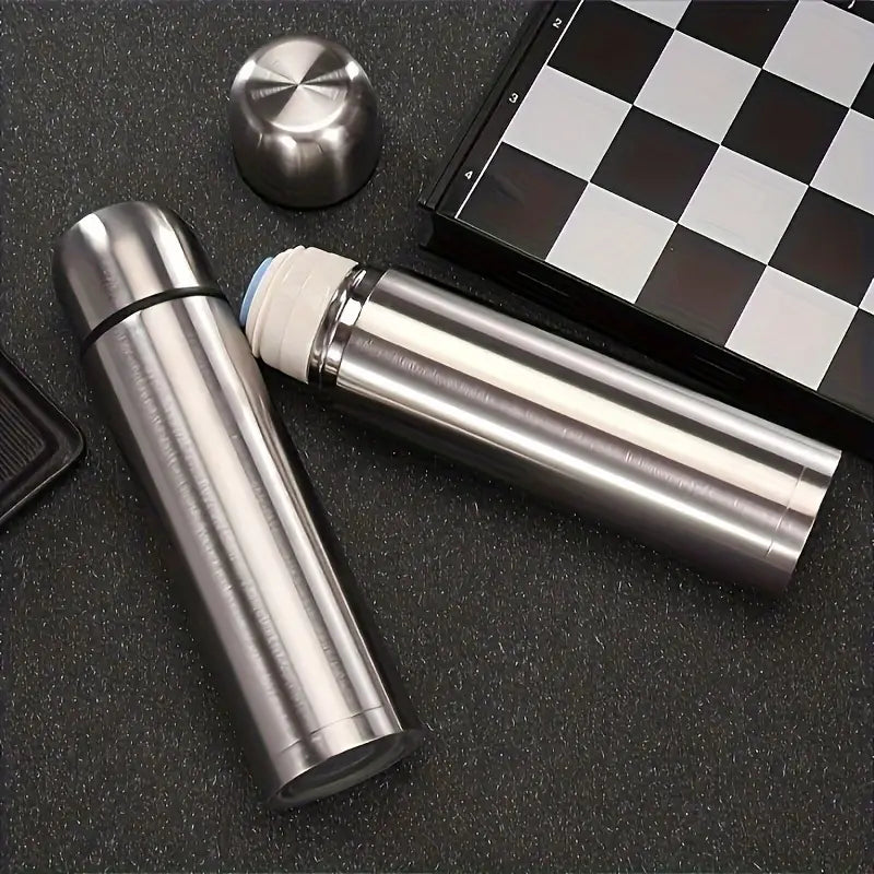 Stainless Steel Thermal Bottle Thermos for Hot and Cold Drinks Travel Coffee Mug with Cup Water Flask Vacuum Insulated Tumbler 17 oz/500ml (Silver)
