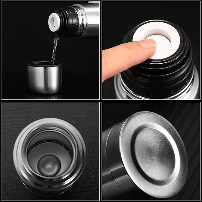 Stainless Steel Thermal Bottle Thermos for Hot and Cold Drinks Travel Coffee Mug with Cup Water Flask Vacuum Insulated Tumbler 17 oz/500ml (Silver)