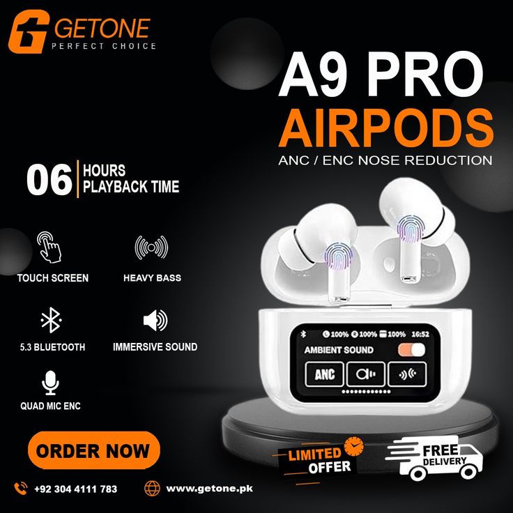A9 Pro Touch Screen Airpods Pro - ANC Wireless Earbuds With Bluetooth 5.0, LCD Display, Super Bass And Pop-Up Feature