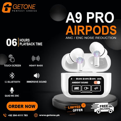 A9 Pro Touch Screen Airpods Pro - ANC Wireless Earbuds With Bluetooth 5.0, LCD Display, Super Bass And Pop-Up Feature